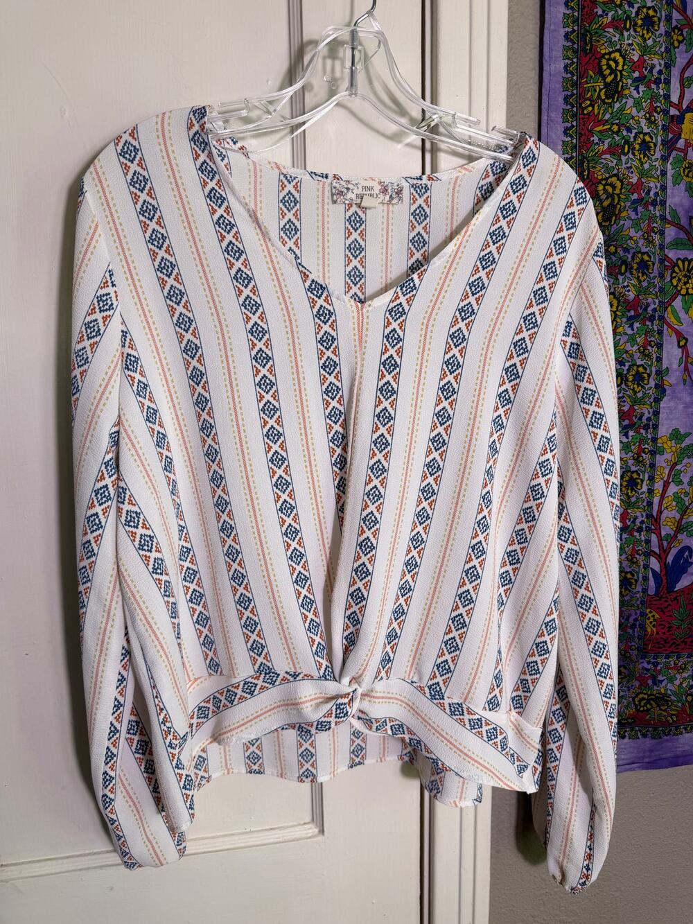Pink Republic Womens L Boho Striped Blouse Front Tie Long Sleeve Aztec Print Top